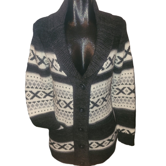 Sansara Black & White Wool Blend Fair Isle Style Cardigan M - Picture 1 of 7